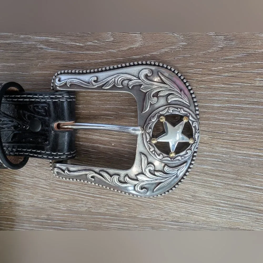 Justin 5 Star Ranch Concho Black Tooled Leather Belt Sz 34